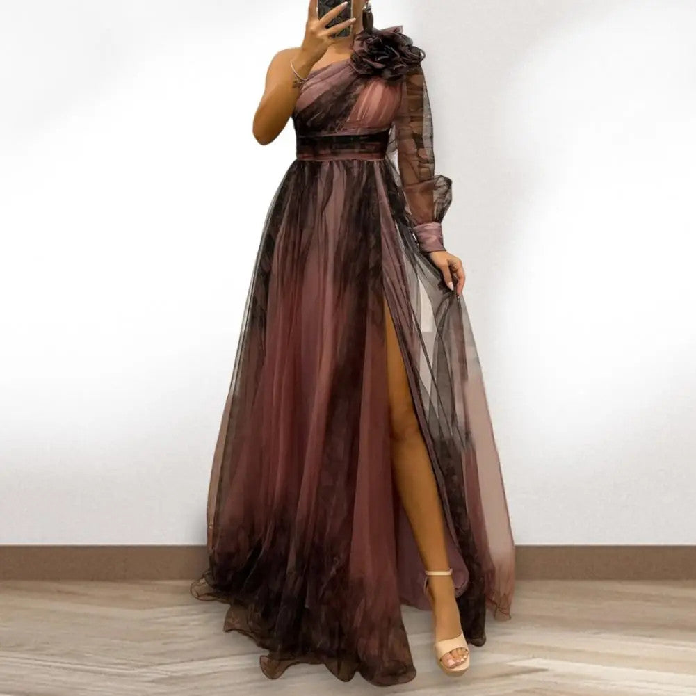 2024 Womens Evening Dress One Shoulder Pleated Pleated Mesh Single Long Sleeve