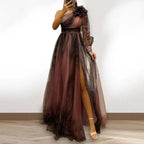 2024 Womens Evening Dress One Shoulder Pleated Pleated Mesh Single Long Sleeve