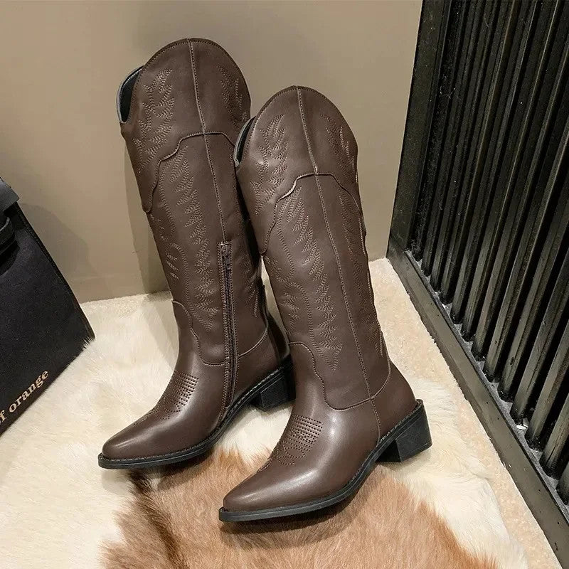 Vintage Black Western Cowboy Boots for Women Heels PU Leather Ankle Booties
