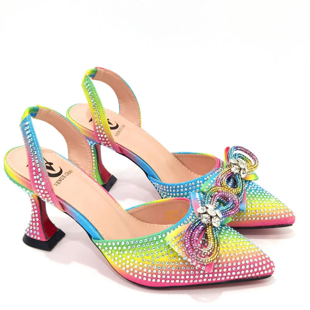 Women's Rhinestone Bow Side Italian Party Shoes And Bags Set