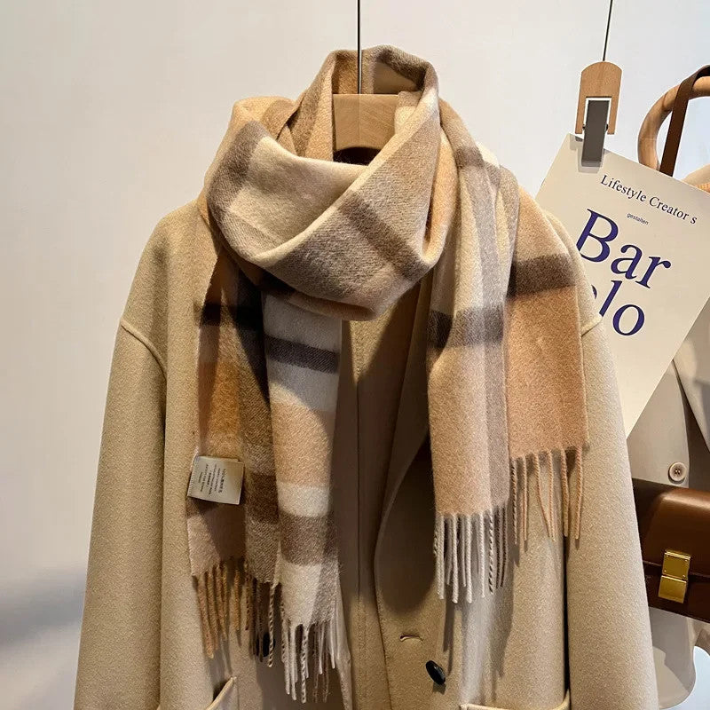 High Quality 100% Pure Wool Plaid Scarf Women Couples Winter Autumn Soft Warm