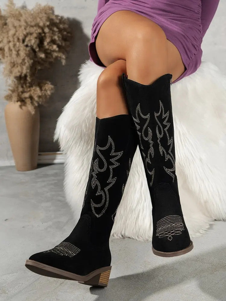 Women Chelsea Cowboy Knee High Boots for Women Mid Heels Walking Shoes Winter