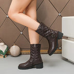 Women'S Quilted Mid-Calf Boots with Buckle Detail - Solid Color Platform Heel