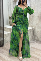 Women Floral Lantern Long Sleeve Dress Elegant Rhinestone Off Shoulder Maxi