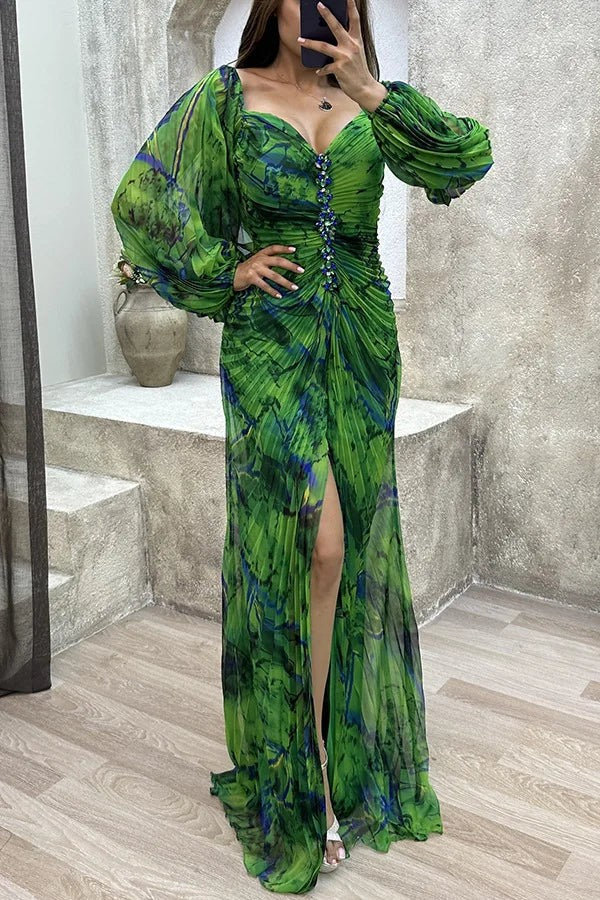 Women Floral Lantern Long Sleeve Dress Elegant Rhinestone Off Shoulder Maxi