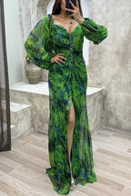Women Floral Lantern Long Sleeve Dress Elegant Rhinestone Off Shoulder Maxi