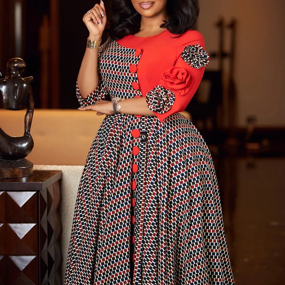 Elegant Rich Dashiki Traditional African Gowns for Women 3/4 Sleeve for Party