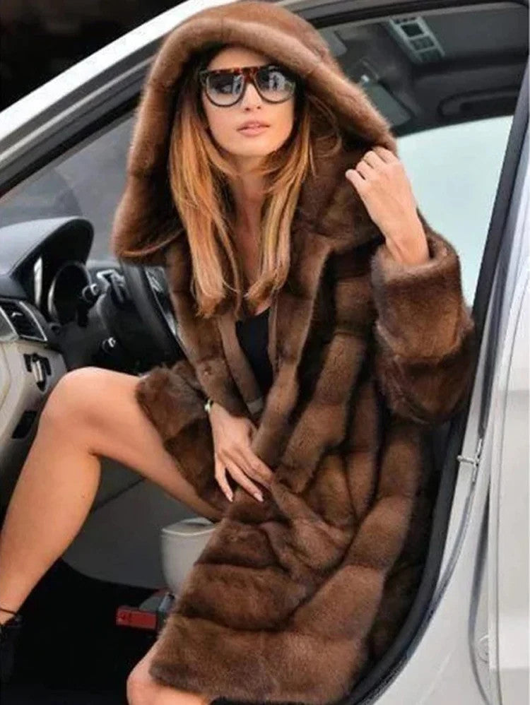 Women's mink fur coat medium long hooded Jacket