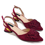 Women's Pointed-Toe Large Flower Decoration Rhinestone Low Heel Italian Shoes