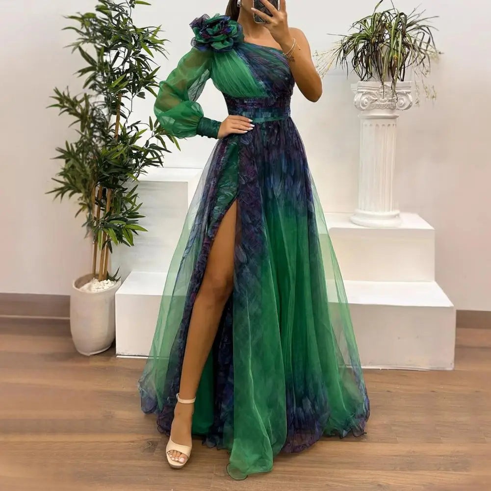 2024 Womens Evening Dress One Shoulder Pleated Pleated Mesh Single Long Sleeve