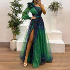 2024 Womens Evening Dress One Shoulder Pleated Pleated Mesh Single Long Sleeve