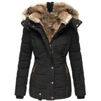 Winter Warm Wool Collar Cotton Coat Womens Zipper Long Sleeve Slim Fit Hooded