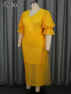 Mlaiscsr Yellow Birthday Prom Floral Lace Puff Sleeve See-Through Midi Dresses