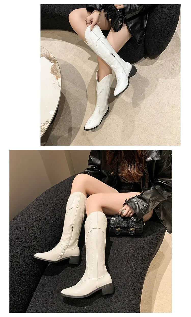 Vintage Black Western Cowboy Boots for Women Heels PU Leather Ankle Booties