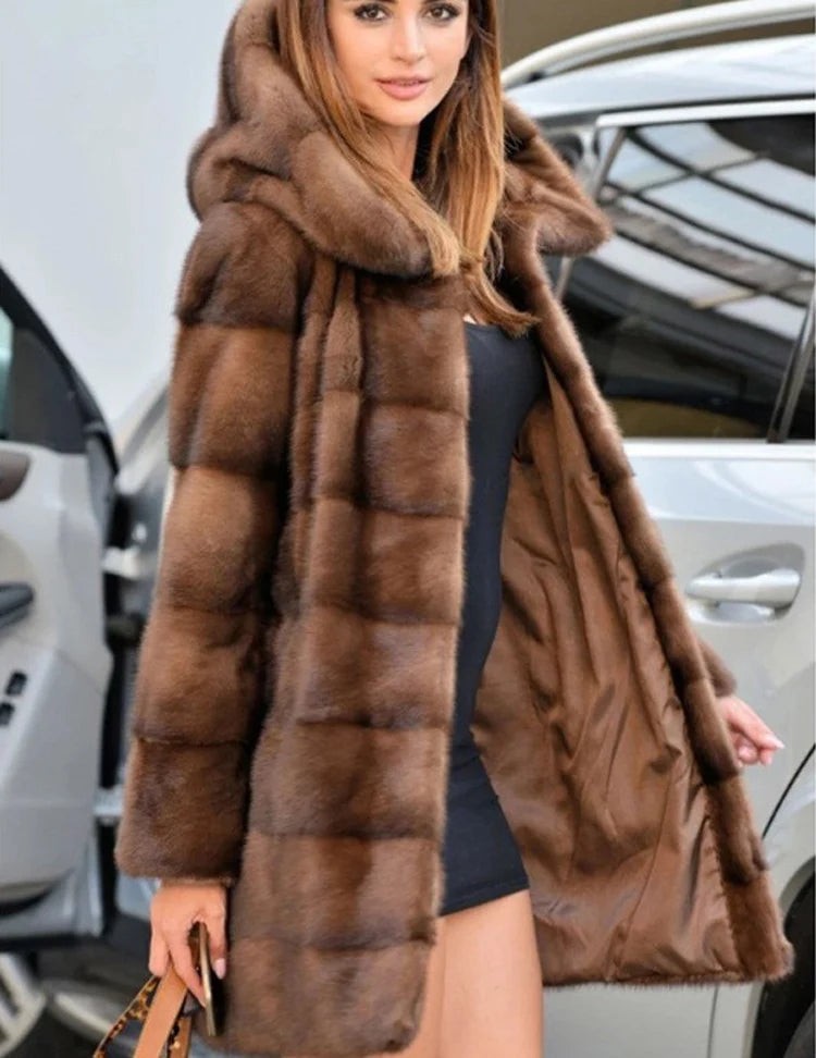 Women's mink fur coat medium long hooded Jacket