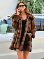 Women's mink fur coat medium long hooded Jacket