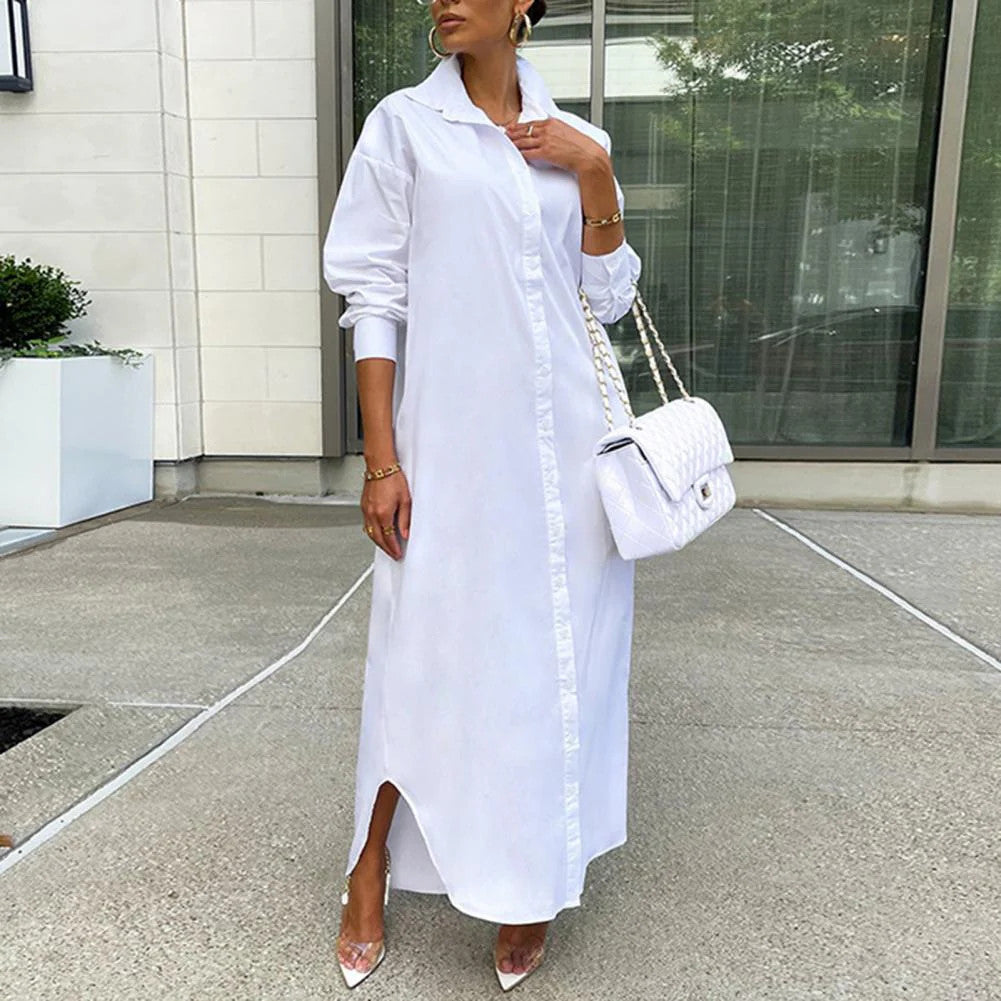Women Shirt Windproof Shirt Dress Versatile Hem Stylish Autumn Winter Solid