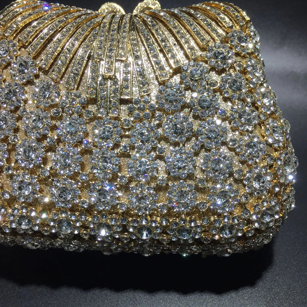 Women Gold Color Flower Rhinestones Clutch Bags Crystal Evening Purse Stones
