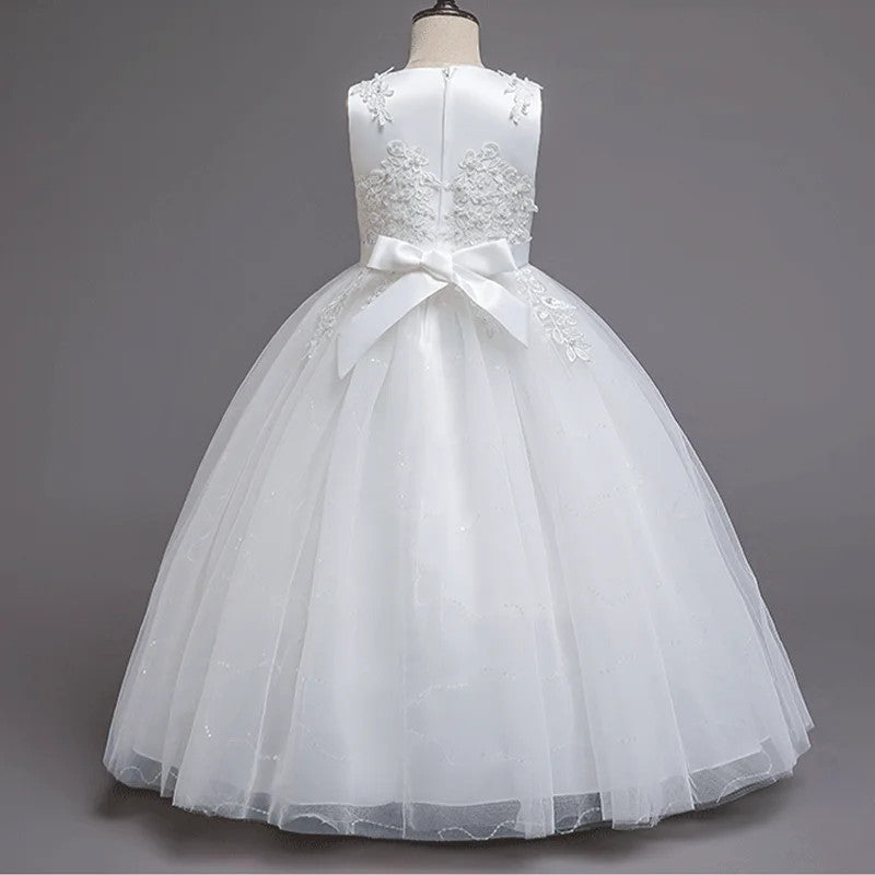 Girls White Lace Pearl Flower Princess Dress For Sequins Sleeveless First