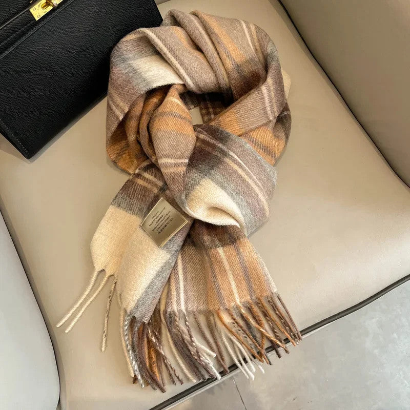 High Quality 100% Pure Wool Plaid Scarf Women Couples Winter Autumn Soft Warm