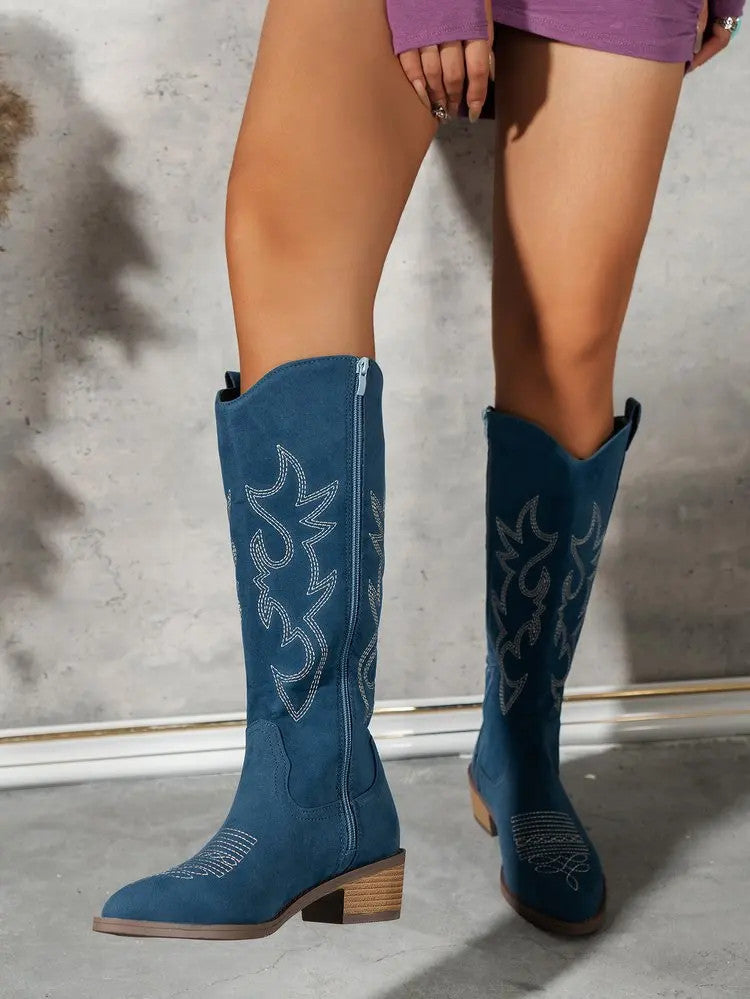 Women Chelsea Cowboy Knee High Boots for Women Mid Heels Walking Shoes Winter