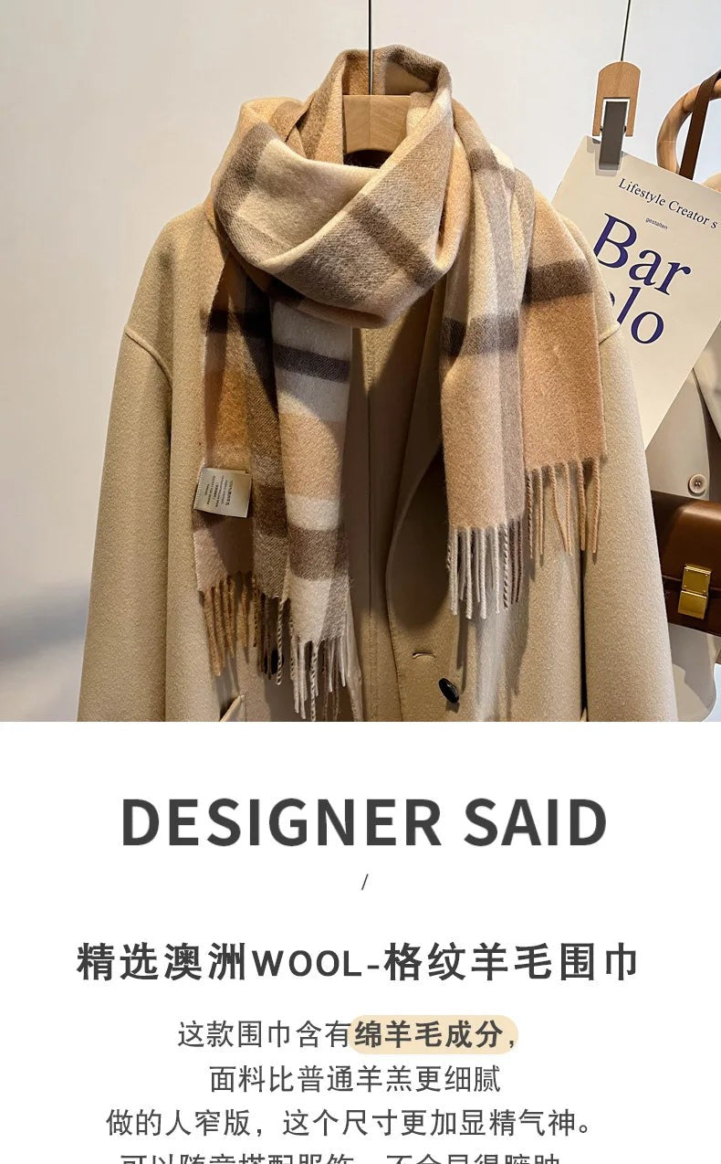 High Quality 100% Pure Wool Plaid Scarf Women Couples Winter Autumn Soft Warm