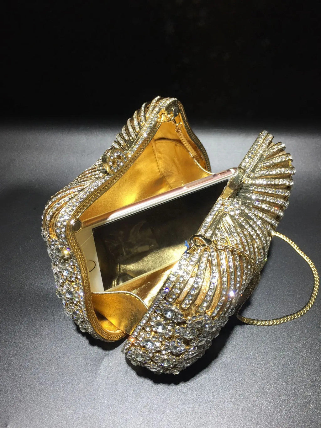 Women Gold Color Flower Rhinestones Clutch Bags Crystal Evening Purse Stones