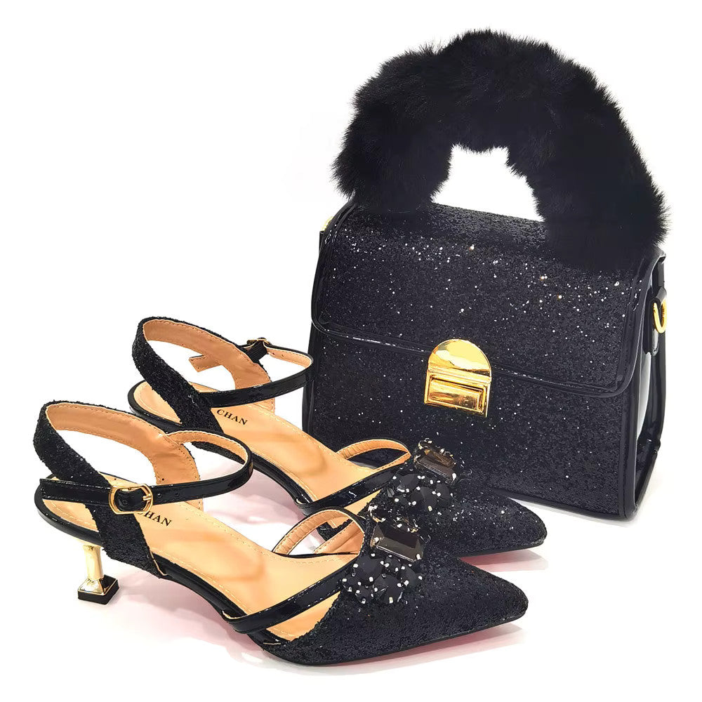 Women's Italian Fashion Peep Toe Pump Shoes with Matching Bag Set for Wedding