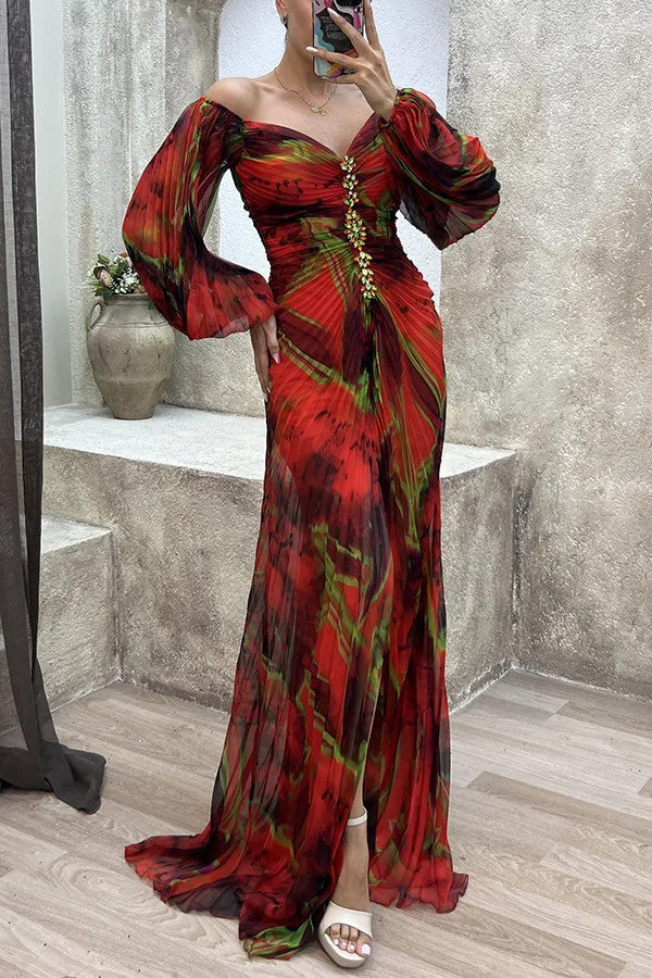 Women Floral Lantern Long Sleeve Dress Elegant Rhinestone Off Shoulder Maxi