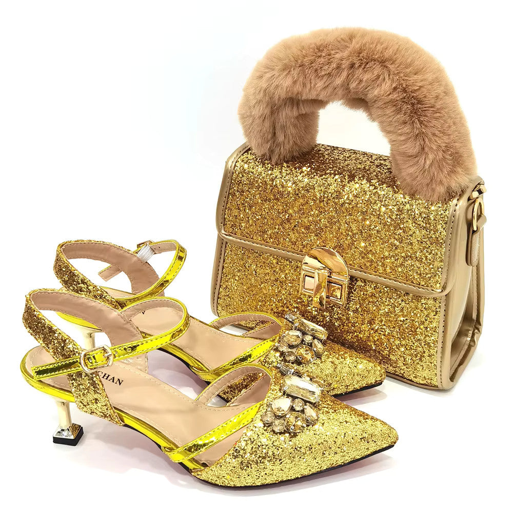Women's Italian Fashion Peep Toe Pump Shoes with Matching Bag Set for Wedding