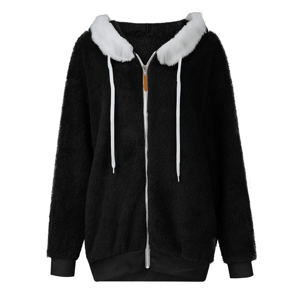 Women's Winter Fashionable Hooded Fleece Solid Color Jacket