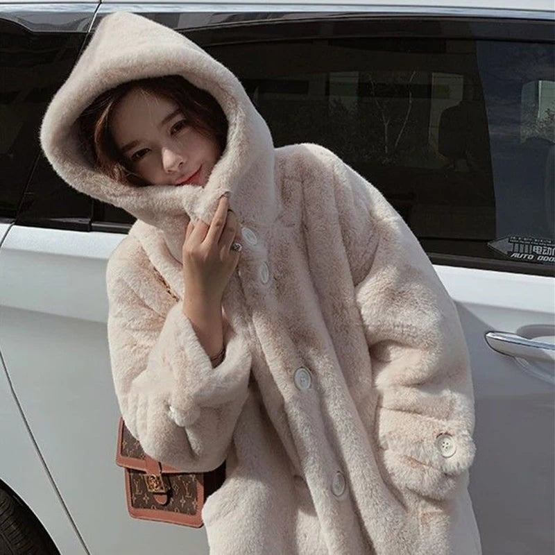 Winter Women's Faux Rabbit Fur Coat Hooded Thick And Plush Jacket