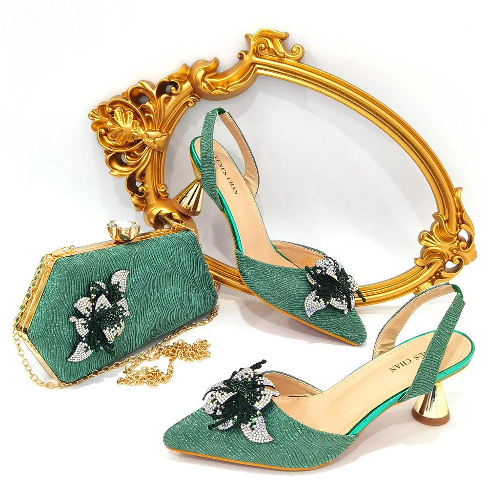 FASHION SHOE Sandals Women 2022 High Heels sexy Green Color Rhinestone Flowers