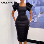 CM.YAYA Women Ruffles Short Sleeve Square Collar Knee Length Dress Street