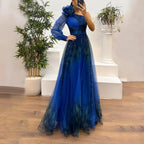 2024 Womens Evening Dress One Shoulder Pleated Pleated Mesh Single Long Sleeve