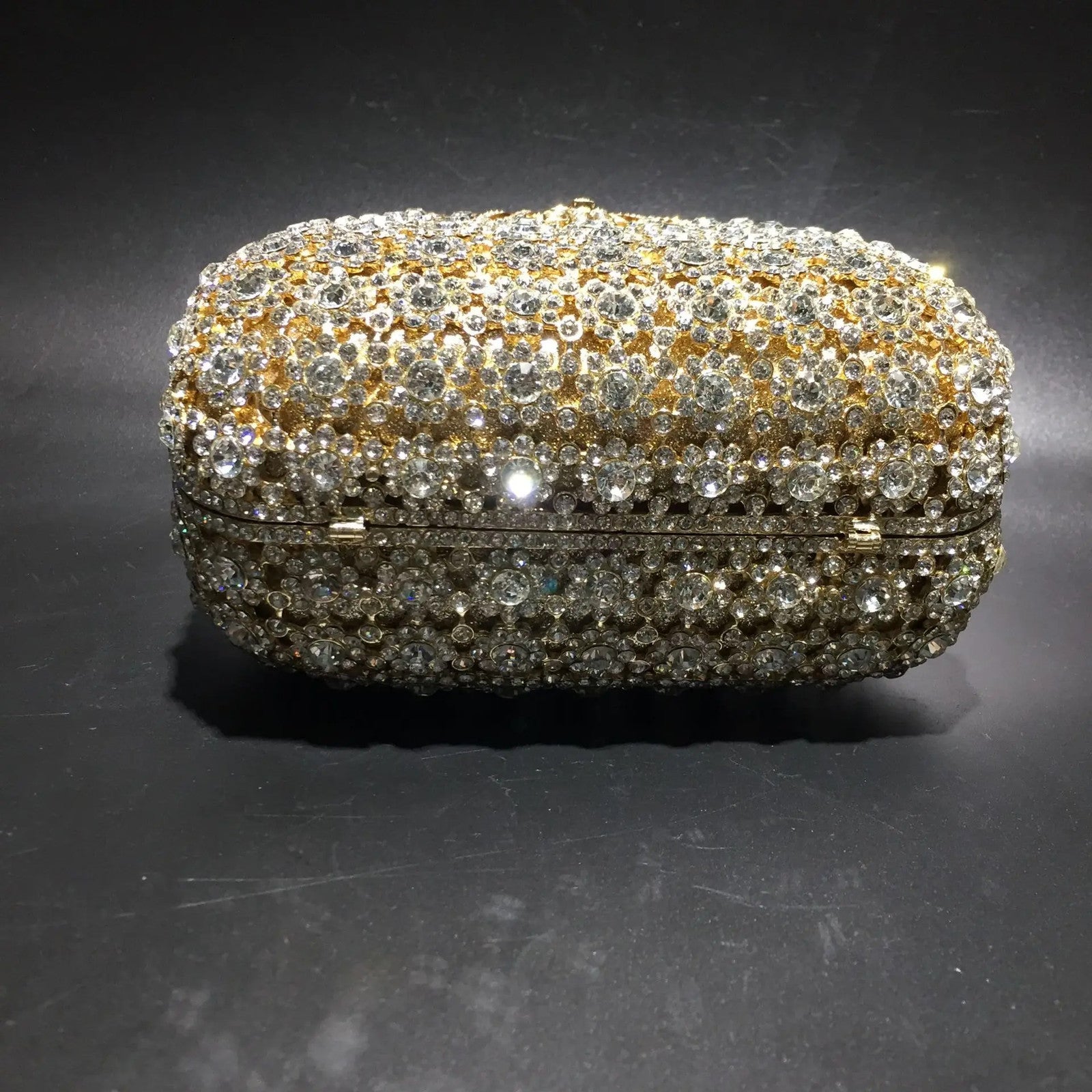 Women Gold Color Flower Rhinestones Clutch Bags Crystal Evening Purse Stones