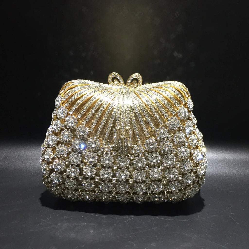 Women Gold Color Flower Rhinestones Clutch Bags Crystal Evening Purse Stones