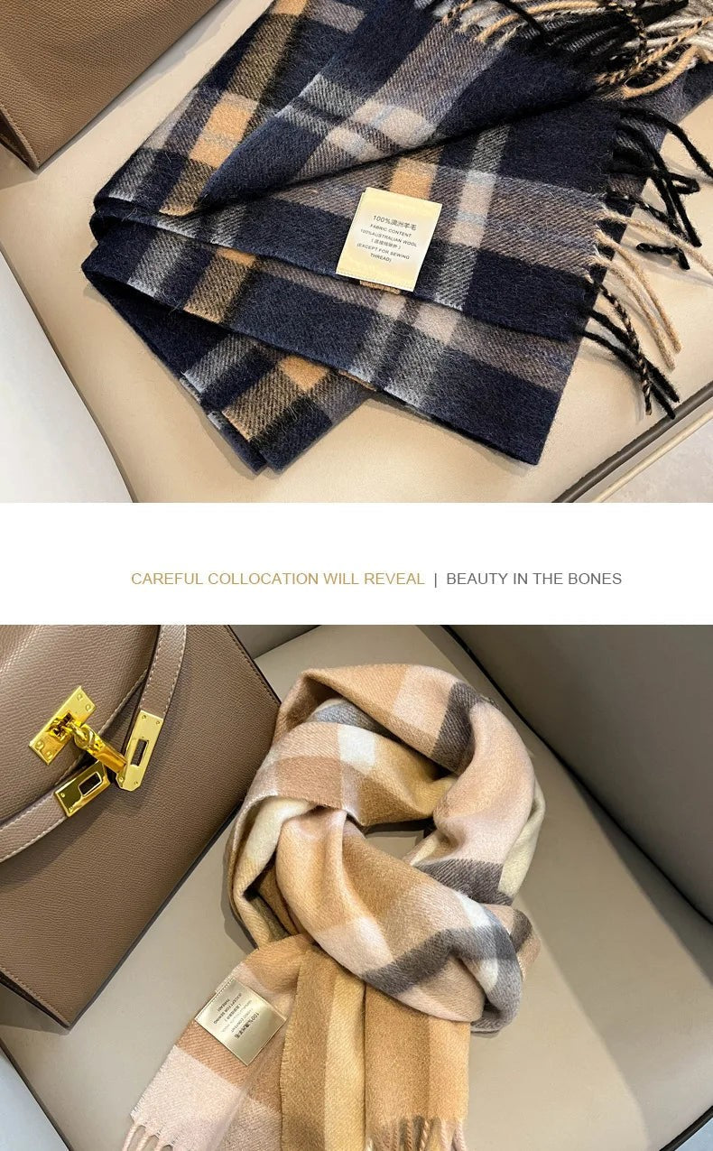 High Quality 100% Pure Wool Plaid Scarf Women Couples Winter Autumn Soft Warm