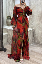 Women Floral Lantern Long Sleeve Dress Elegant Rhinestone Off Shoulder Maxi