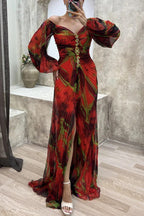 Women Floral Lantern Long Sleeve Dress Elegant Rhinestone Off Shoulder Maxi