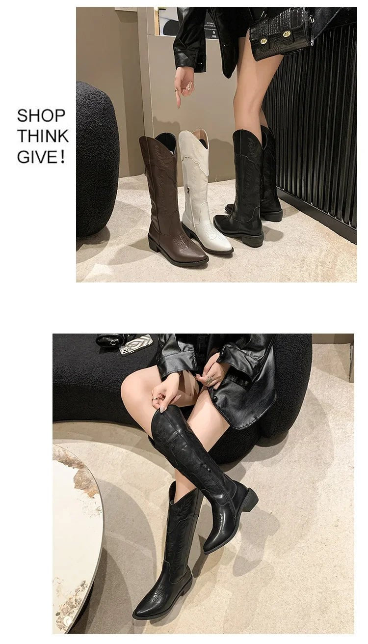Vintage Black Western Cowboy Boots for Women Heels PU Leather Ankle Booties