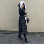 Women's Fashion Long Down Jackets Female Faux Fur Collar Hooded Thick White Duck