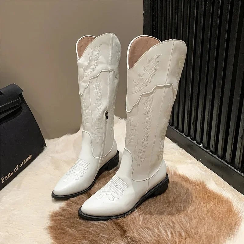Vintage Black Western Cowboy Boots for Women Heels PU Leather Ankle Booties