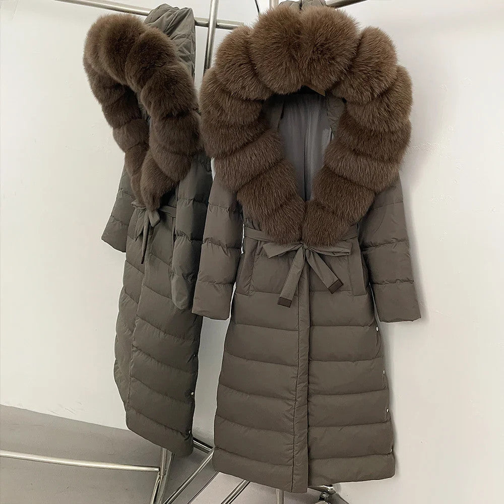 Real Faux Fur Collar Puffer Jacket Duck Down Thick Coat For Women