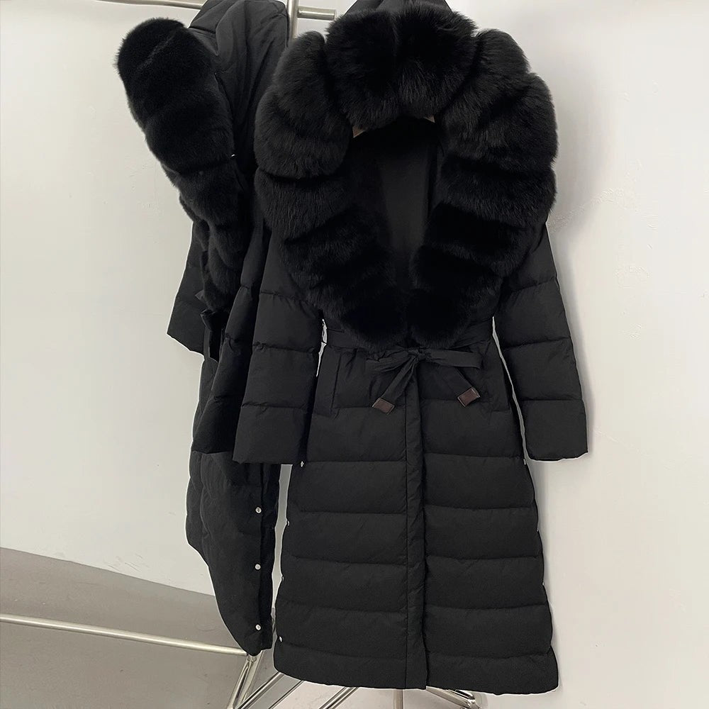 Real Faux Fur Collar Puffer Jacket Duck Down Thick Coat For Women