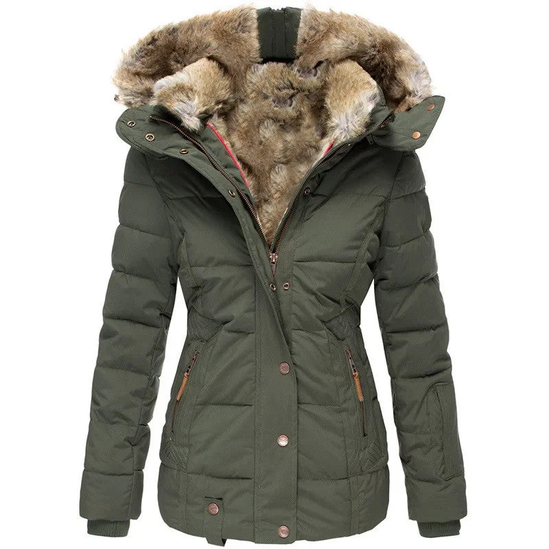 Winter Warm Wool Collar Cotton Coat Womens Zipper Long Sleeve Slim Fit Hooded
