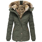 Winter Warm Wool Collar Cotton Coat Womens Zipper Long Sleeve Slim Fit Hooded