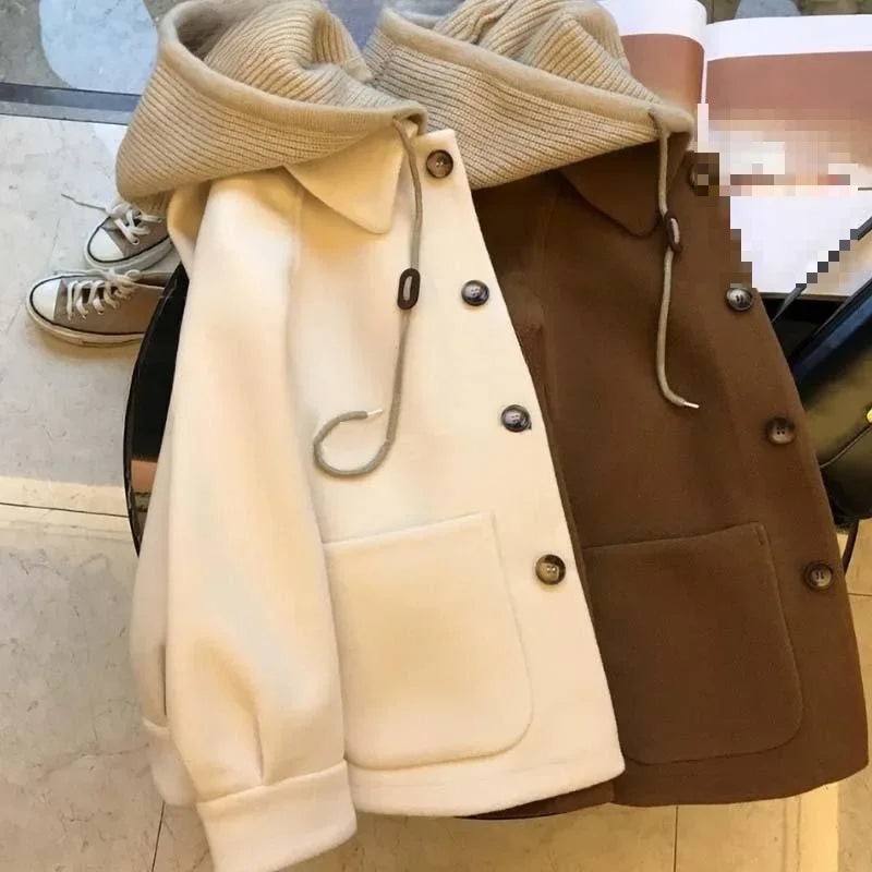 Winter Woolen Coat Women's High-end Feel Knitted Hooded Thickened Top Two-piece