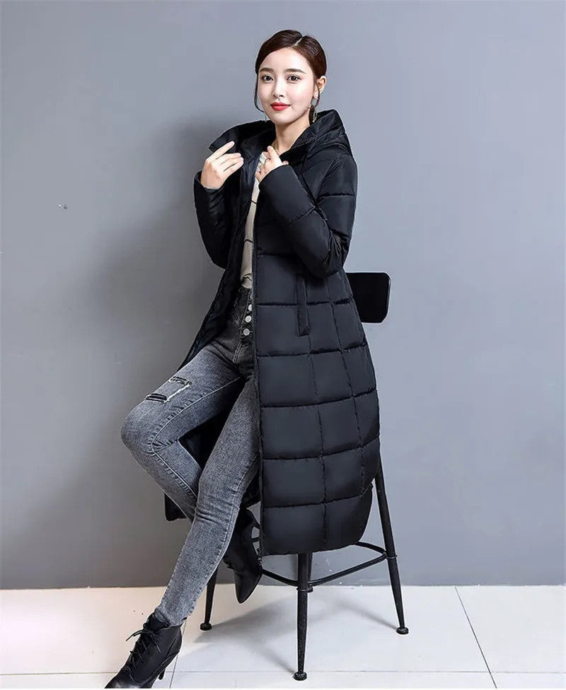 Winter Hooded Jacket Over The Knee Long Thick Women's Slim-Fitting Down Padded