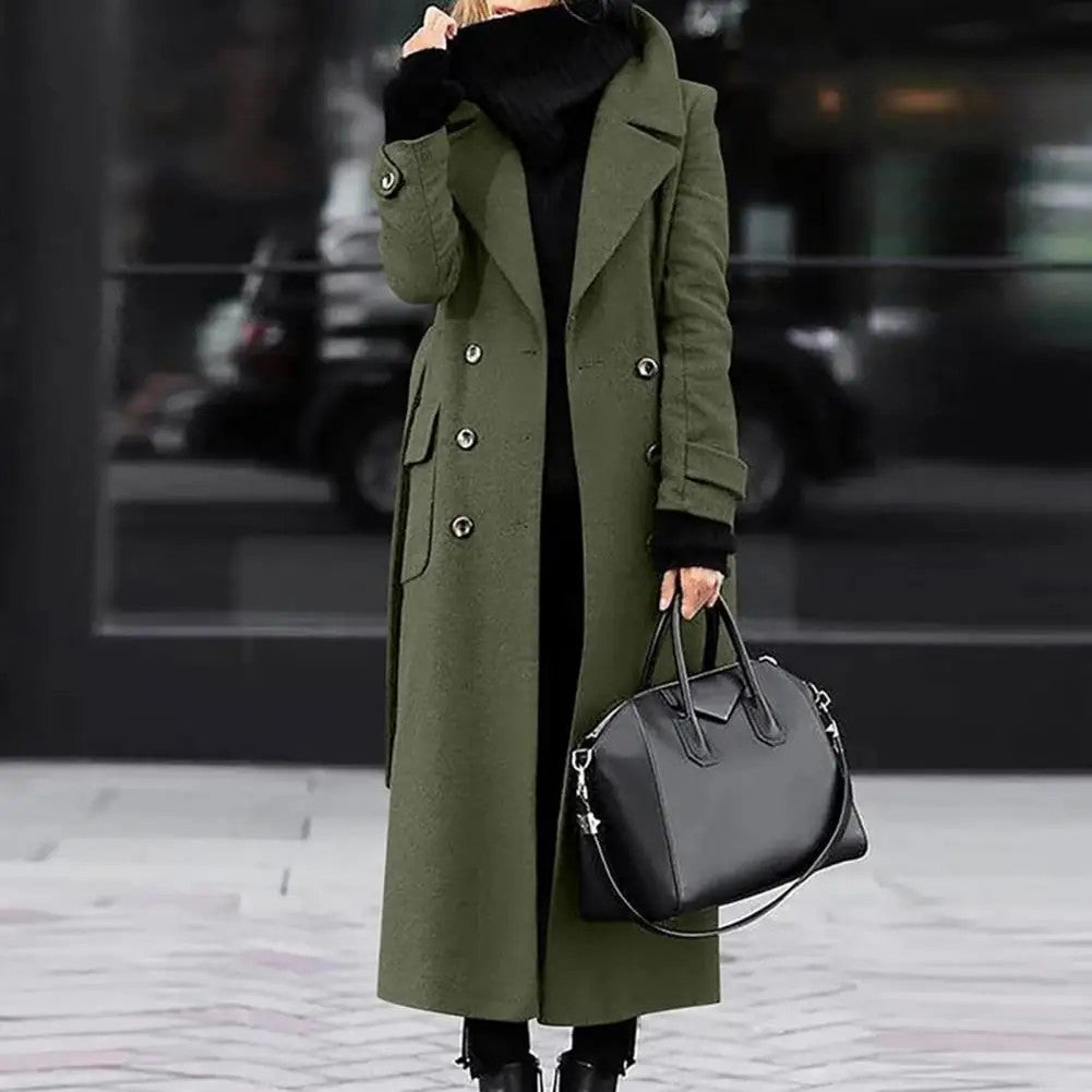 Women's Woollen Double-breasted Mid-calf Long Sleeves Jacket